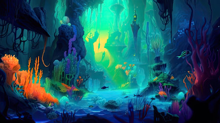 Concept illustration of an underwater cityscape filled with bioluminescent creatures. Fantasy, panoramic shot, deep in the ocean, mysterious atmosphere. Digital Illustration with vibrant and glowing colors. Generative Aの素材
