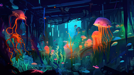 Concept illustration of an underwater cityscape filled with bioluminescent creatures. Fantasy, panoramic shot, deep in the ocean, mysterious atmosphere. Digital Illustration with vibrant and glowing colors. Generative Aの素材