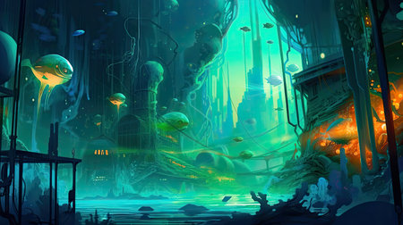 Concept illustration of an underwater cityscape filled with bioluminescent creatures. Fantasy, panoramic shot, deep in the ocean, mysterious atmosphere. Digital Illustration with vibrant and glowing colors. Generative Aの素材