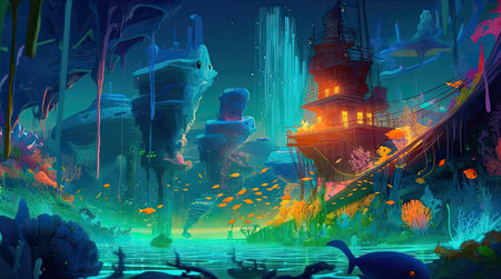 Concept illustration of an underwater cityscape filled with bioluminescent creatures. Fantasy, panoramic shot, deep in the ocean, mysterious atmosphere. Digital Illustration with vibrant and glowing colors. Generative Aの素材