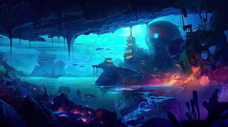 Concept illustration of an underwater cityscape filled with bioluminescent creatures. Fantasy, panoramic shot, deep in the ocean, mysterious atmosphere. Digital Illustration with vibrant and glowing colors. Generative Aの素材