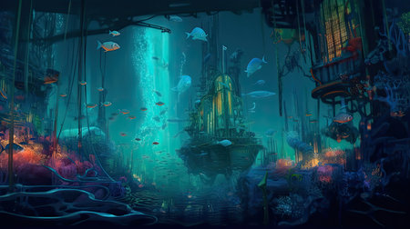 Concept illustration of an underwater cityscape filled with bioluminescent creatures. Fantasy, panoramic shot, deep in the ocean, mysterious atmosphere. Digital Illustration with vibrant and glowing colors. Generative Aの素材