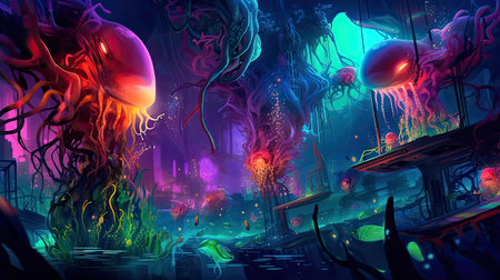 Concept illustration of an underwater cityscape filled with bioluminescent creatures. Fantasy, panoramic shot, deep in the ocean, mysterious atmosphere. Digital Illustration with vibrant and glowing colors. Generative Aの素材
