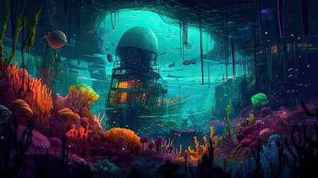 Concept illustration of an underwater cityscape filled with bioluminescent creatures. Fantasy, panoramic shot, deep in the ocean, mysterious atmosphere. Digital Illustration with vibrant and glowing colors. Generative Aの素材