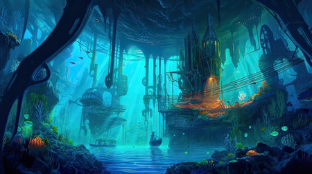 Concept illustration of an underwater cityscape filled with bioluminescent creatures. Fantasy, panoramic shot, deep in the ocean, mysterious atmosphere. Digital Illustration with vibrant and glowing colors. Generative Aの素材