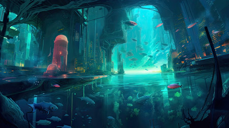 Concept illustration of an underwater cityscape filled with bioluminescent creatures. Fantasy, panoramic shot, deep in the ocean, mysterious atmosphere. Digital Illustration with vibrant and glowing colors. Generative Aの素材