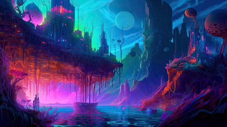 Concept illustration of an underwater cityscape filled with bioluminescent creatures. Fantasy, panoramic shot, deep in the ocean, mysterious atmosphere. Digital Illustration with vibrant and glowing colors. Generative Aの素材