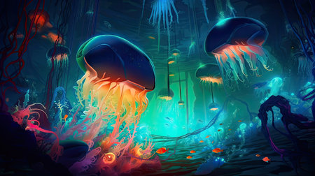 Concept illustration of an underwater cityscape filled with bioluminescent creatures. Fantasy, panoramic shot, deep in the ocean, mysterious atmosphere. Digital Illustration with vibrant and glowing colors. Generative Aの素材