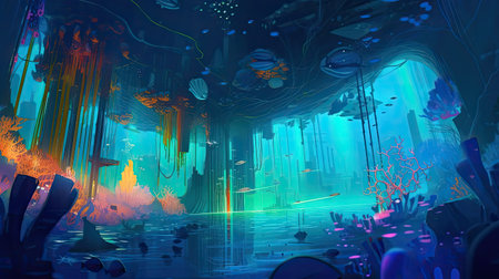 Concept illustration of an underwater cityscape filled with bioluminescent creatures. Fantasy, panoramic shot, deep in the ocean, mysterious atmosphere. Digital Illustration with vibrant and glowing colors. Generative Aの素材