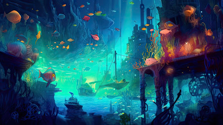 Concept illustration of an underwater cityscape filled with bioluminescent creatures. Fantasy, panoramic shot, deep in the ocean, mysterious atmosphere. Digital Illustration with vibrant and glowing colors. Generative Aの素材