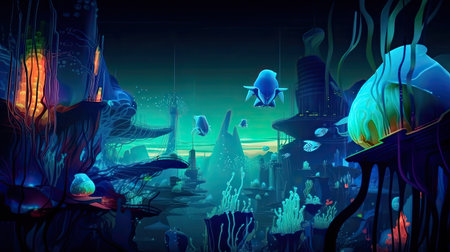 Concept illustration of an underwater cityscape filled with bioluminescent creatures. Fantasy, panoramic shot, deep in the ocean, mysterious atmosphere. Digital Illustration with vibrant and glowing colors. Generative Aの素材