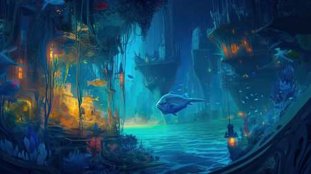 Concept illustration of an underwater cityscape filled with bioluminescent creatures. Fantasy, panoramic shot, deep in the ocean, mysterious atmosphere. Digital Illustration with vibrant and glowing colors. Generative Aの素材
