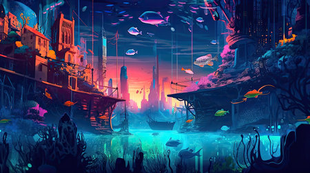 Concept illustration of an underwater cityscape filled with bioluminescent creatures. Fantasy, panoramic shot, deep in the ocean, mysterious atmosphere. Digital Illustration with vibrant and glowing colors. Generative Aの素材