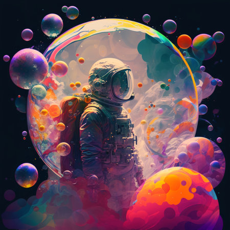 Concept illustration of an astronaut in a beautiful colorful bubbles galaxy on another planet. Generative AI.の素材