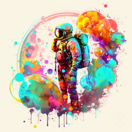 Concept illustration of an astronaut in a beautiful colorful bubbles galaxy on another planet. Generative AI.の素材