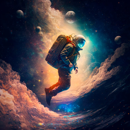 Concept illustration of an astronaut wearing a space suit floating in space. Abstract graphic illustration featuring a cosmonaut lost among a colorful universe. Generative AIの素材