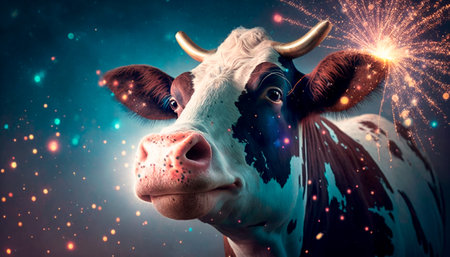 Concept illustration of cow watching New Year's Eve fireworks. Generative AI.の素材