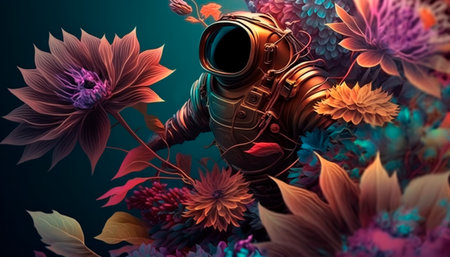Concept illustration of a man in a diving suit, making his way through underwater thickets of flowers on another planet. Generative AIの素材