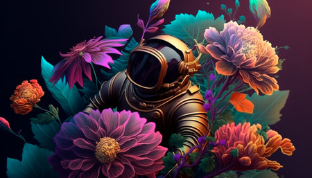 Concept illustration of a man in a diving suit, making his way through underwater thickets of flowers on another planet. Generative AIの素材
