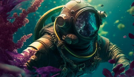 Concept illustration of a man in a diving suit, making his way through underwater thickets of flowers on another planet. Generative AIの素材