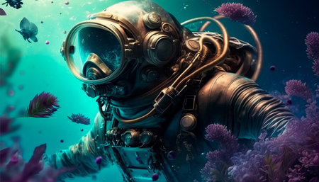 Concept illustration of a man in a diving suit, making his way through underwater thickets of flowers on another planet. Generative AIの素材