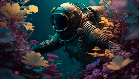 Concept illustration of a man in a diving suit, making his way through underwater thickets of flowers on another planet. Generative AIの素材