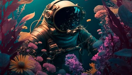 Concept illustration of a man in a diving suit, making his way through underwater thickets of flowers on another planet. Generative AIの素材