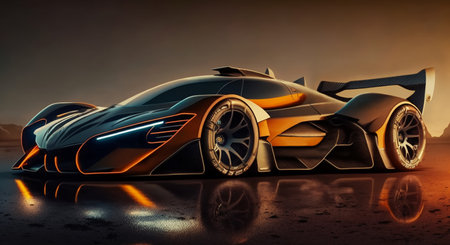 Concept illustration of futuristic design sport cars on a black background. Generative AIの素材