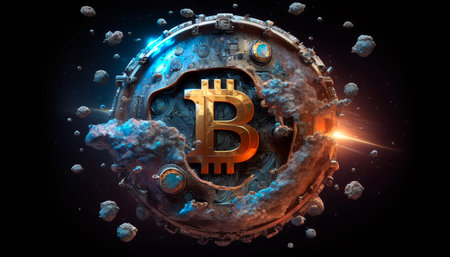 Concept illustration of golden bitcoin on dark universe background. Conceptual image of bitcoin taking off towards the moon. Generation A.I.の素材
