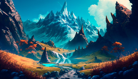 Concept illustration of mountain realistic style. digital illustration. Artwork, stage design in cartoon style. natural landscapes. A scene from a video game. Serious digital painting. Generative AIの素材