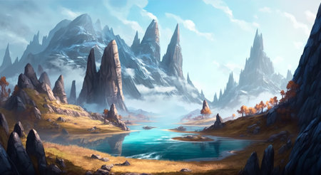 Concept illustration of mountain realistic style. digital illustration. Artwork, stage design in cartoon style. natural landscapes. A scene from a video game. Serious digital painting. Generative AIの素材