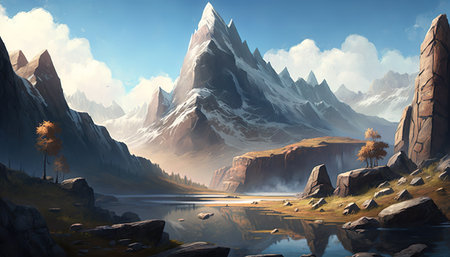 Concept illustration of mountain realistic style. digital illustration. Artwork, stage design in cartoon style. natural landscapes. A scene from a video game. Serious digital painting. Generative AIの素材