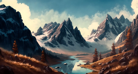 Concept illustration of mountain realistic style. digital illustration. Artwork, stage design in cartoon style. natural landscapes. A scene from a video game. Serious digital painting. Generative AIの素材