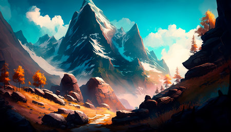 Concept illustration of mountain realistic style. digital illustration. Artwork, stage design in cartoon style. natural landscapes. A scene from a video game. Serious digital painting. Generative AIの素材