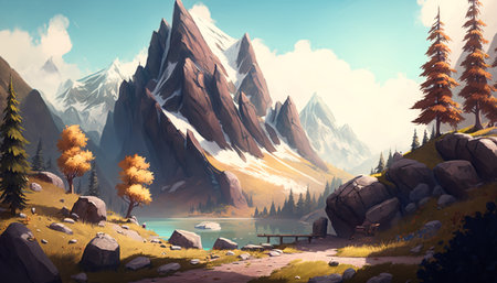 Concept illustration of mountain realistic style. digital illustration. Artwork, stage design in cartoon style. natural landscapes. A scene from a video game. Serious digital painting. Generative AIの素材