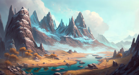 Concept illustration of mountain realistic style. digital illustration. Artwork, stage design in cartoon style. natural landscapes. A scene from a video game. Serious digital painting. Generative AIの素材
