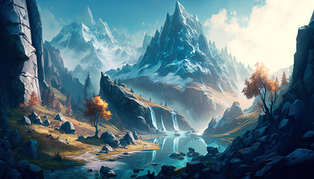 Concept illustration of mountain realistic style. digital illustration. Artwork, stage design in cartoon style. natural landscapes. A scene from a video game. Serious digital painting. Generative AIの素材