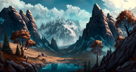Concept illustration of mountain realistic style. digital illustration. Artwork, stage design in cartoon style. natural landscapes. A scene from a video game. Serious digital painting. Generative AIの素材