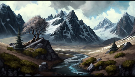 Concept illustration of mountain realistic style. digital illustration. Artwork, stage design in cartoon style. natural landscapes. A scene from a video game. Serious digital painting. Generative AIの素材