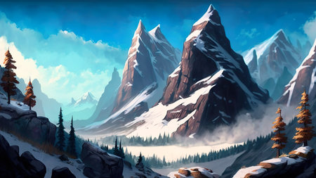 Concept illustration of mountain realistic style. digital illustration. Artwork, stage design in cartoon style. natural landscapes. A scene from a video game. Serious digital painting. Generative AIの素材
