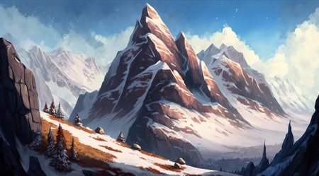 Concept illustration of mountain realistic style. digital illustration. Artwork, stage design in cartoon style. natural landscapes. A scene from a video game. Serious digital painting. Generative AIの素材