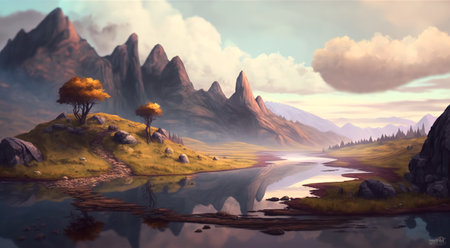 Concept illustration of mountain realistic style. digital illustration. Artwork, stage design in cartoon style. natural landscapes. A scene from a video game. Serious digital painting. Generative AIの素材