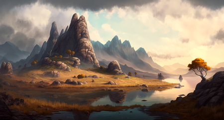 Concept illustration of mountain realistic style. digital illustration. Artwork, stage design in cartoon style. natural landscapes. A scene from a video game. Serious digital painting. Generative AIの素材