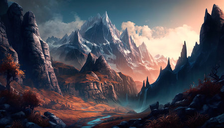 Concept illustration of mountain realistic style. digital illustration. Artwork, stage design in cartoon style. natural landscapes. A scene from a video game. Serious digital painting. Generative AIの素材