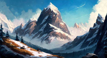 Concept illustration of mountain realistic style. digital illustration. Artwork, stage design in cartoon style. natural landscapes. A scene from a video game. Serious digital painting. Generative AIの素材