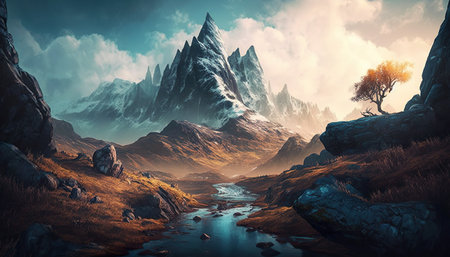 Concept illustration of mountain realistic style. digital illustration. Artwork, stage design in cartoon style. natural landscapes. A scene from a video game. Serious digital painting. Generative AIの素材