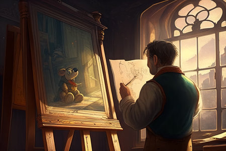 Concept illustration of cartoon style illustration of a painter at work. Generative AIの素材