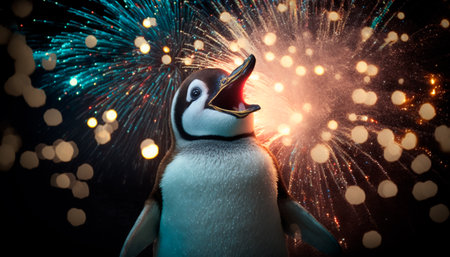 Concept illustration of penguin watching New Year's Eve fireworks. Generative AI.の素材