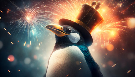 Concept illustration of penguin watching New Year's Eve fireworks. Generative AI.の素材