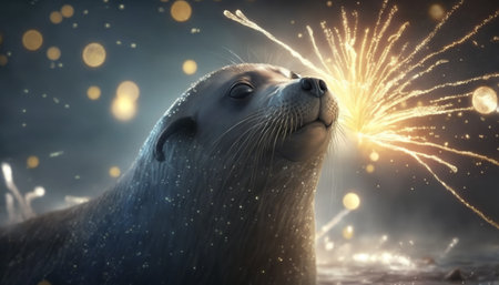 Concept illustration of seal watching New Year's Eve fireworks. Generative AI.の素材